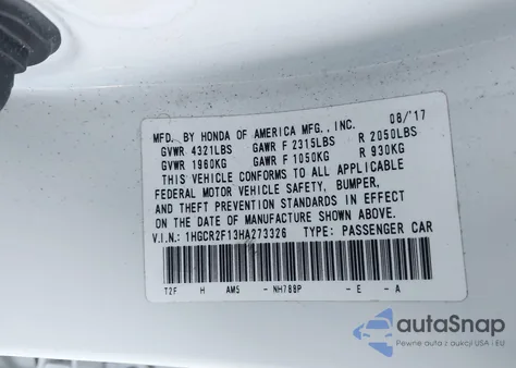 2017 Honda Accord Sport Se z USA, uszkodzony, nr VIN 1HGCR2F13HA273326